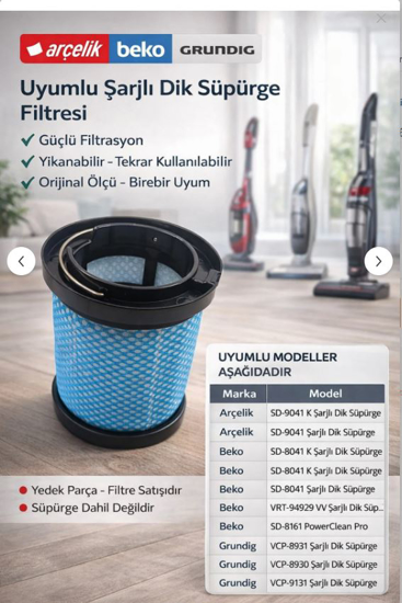 Hepa Filtre Arçelik Beko Grundig Mavi Kod: 1176 Dik Şarjlı Süpürge  (Adet)